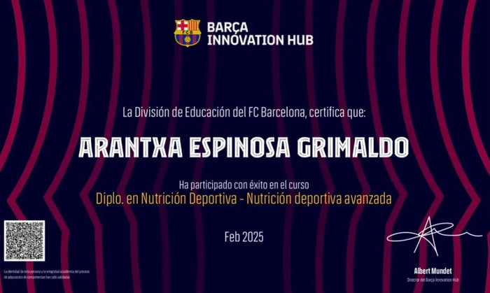 Certificado del Diplomado en Nutrición Deportiva Avanzada otorgado por Barça Innovation Hub a Arantxa Espinosa Grimaldo.