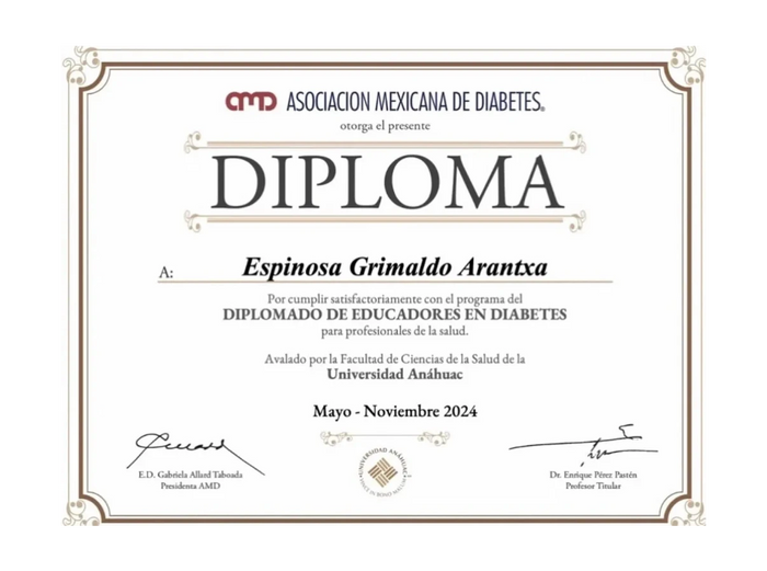 Certificado de Educadora en Diabetes otorgado por la Asociación Mexicana de Diabetes a Arantxa Espinosa Grimaldo.