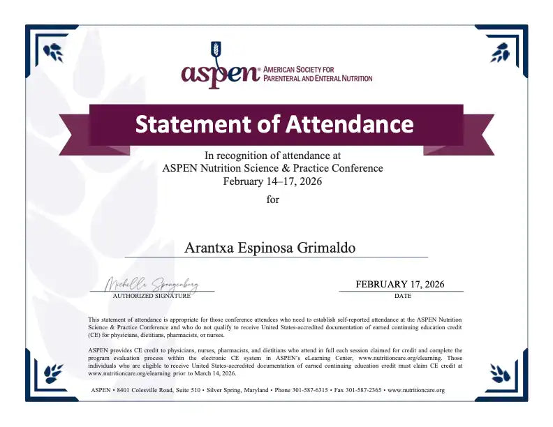 Constancia de asistencia de Arantxa Espinosa Grimaldo al ASPEN Nutrition Science & Practice Conference, evento internacional de actualización en nutrición clínica.