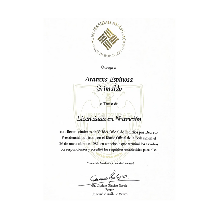 Título profesional de Licenciada en Nutrición de Arantxa Espinosa Grimaldo, otorgado por la Universidad Anáhuac México.